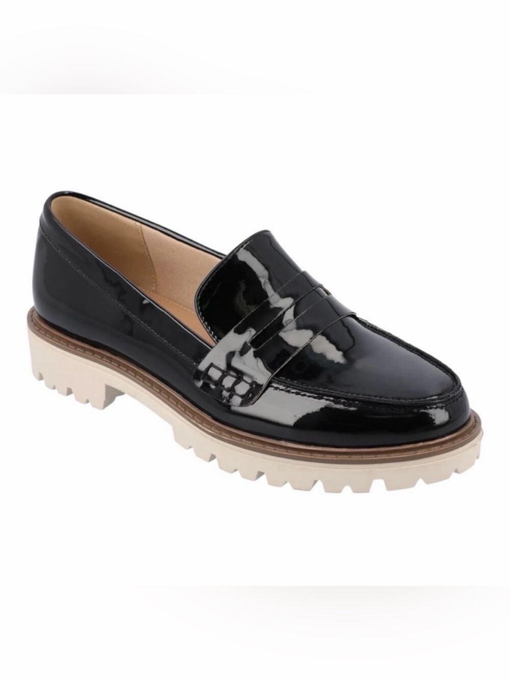 Journee Collection Black Patent Loafers with Cream Lug Sole 8.5W